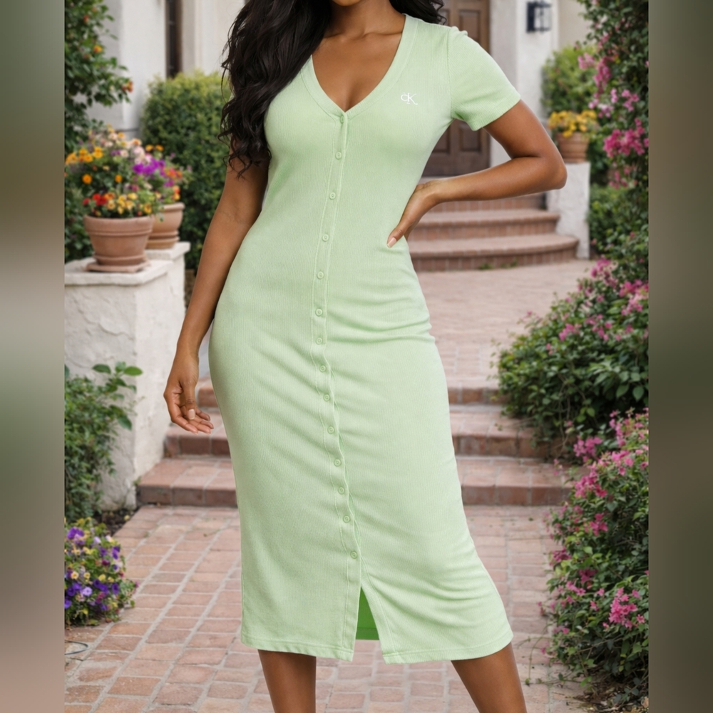 * Calvin Klein Women's Ribbed Bodycon Logo Button-Down Dress Mint Size Medium